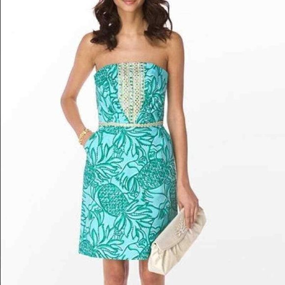 Lilly Pulitzer Dresses & Skirts - Lilly Pulitzer Womens Dress Size 2 Blue Pineapple Print Embroidered Strapless